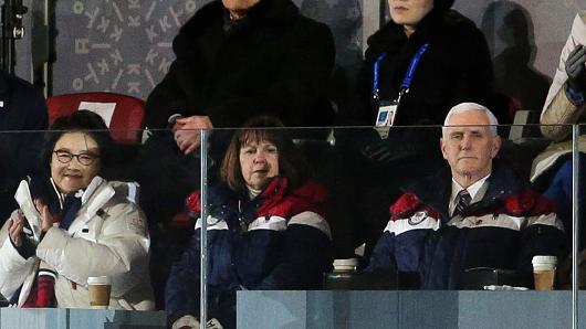 President of North Korea Kim Yong-nam and Kim Yo-jong, sister of President of North Korea Kim Jong-un, below Mike Pence, Vice-President of USA and his wife Karen Pence during the Opening Ceremony of the PyeongChang 2018 Winter Olympic Games at PyeongChang Olympic Stadium on February 9, 2018 in Pyeongchang-gun, South Korea.