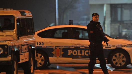 Police block off the area around the U.S. embassy in Montengro's capital, Podgorica.