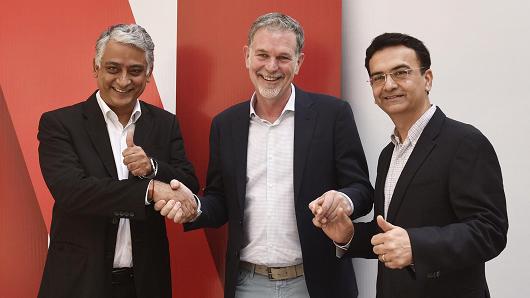 (R-L)Sandeep Kataria, Director Commercial Vodafone India; Reed Hastings, Co founder and CEO, Netflix and Himanshu Patil , COO Videocone d2h Limited at Netflix's Multi-Platform Parterships Annoucement on March 6, 2017 in New Delhi, India.