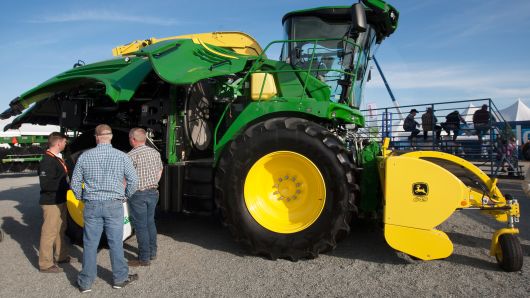 A John Deere 8600 tractor is displayed on opening day of the World Ag Expo on February 10, 2015 in Tulare, Calif.