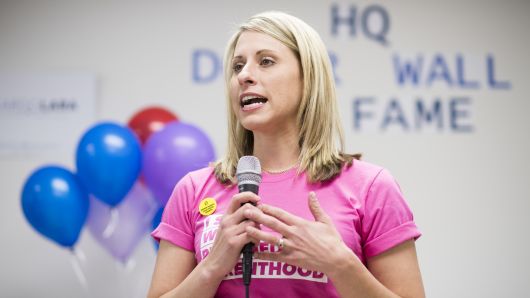 Katie Hill, Democrat running for California's 25th Congressional district seat in Congress, speaks during the opening of the SCV Democratic Headquarters for 2018 in Newhall, Calif., on Saturday, May 26, 2018. 
