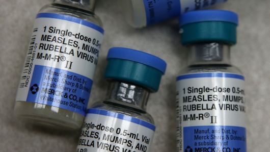 Vials of measles, mumps and rubella vaccine are displayed on a counter at a Walgreens Pharmacy in Mill Valley, California.